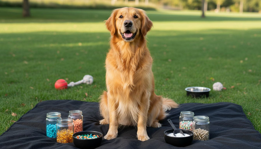Gezonde hond met diverse supplementen buiten