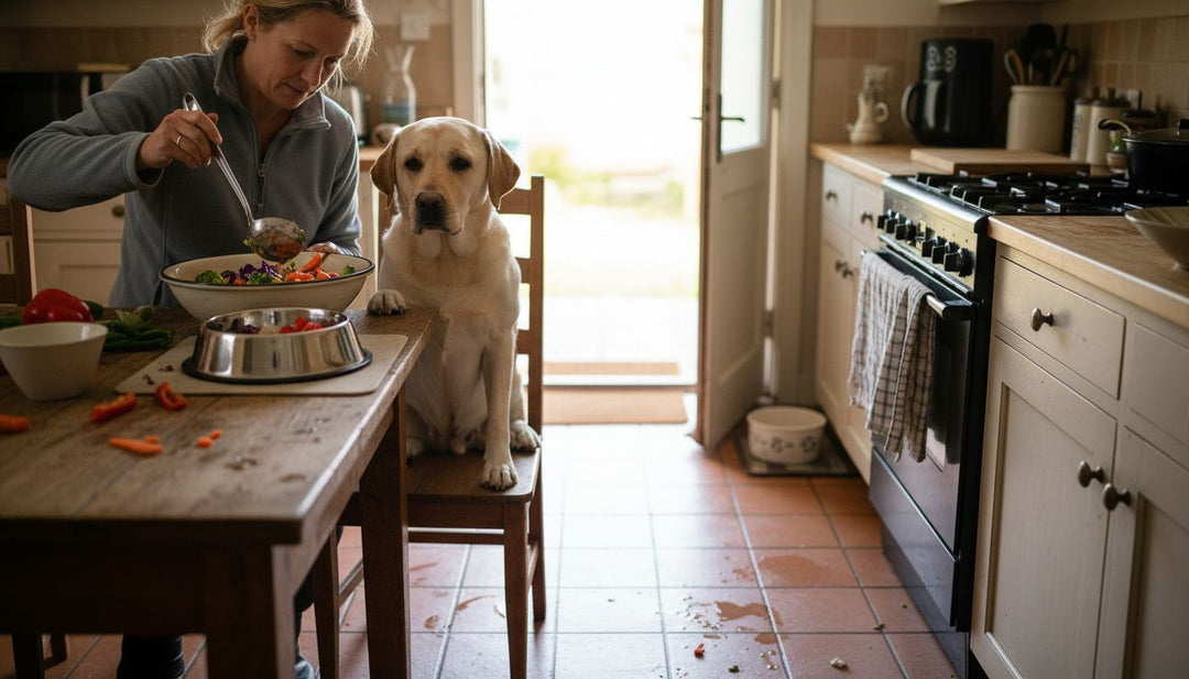 Hond krijgt gezonde maaltijd in gezellige keuken