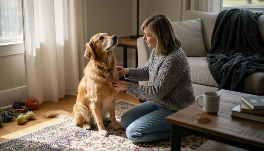 Owner checking dog's health in living room