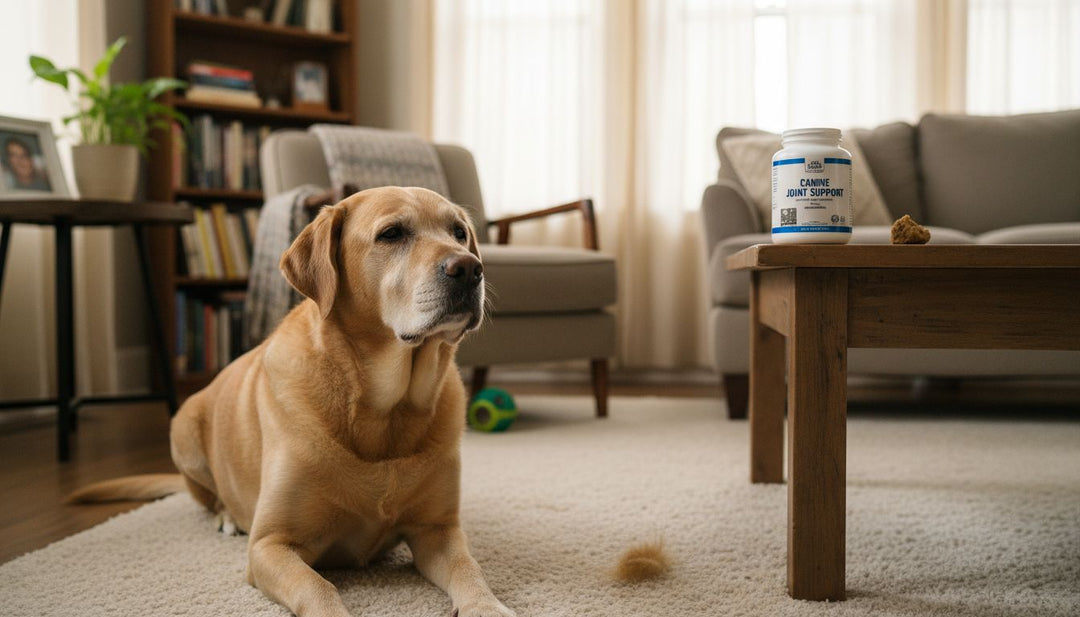 Labrador met supplementpot op vloerkleed