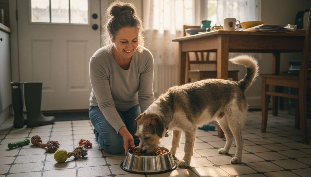 Owner feeding dog with prebiotics in kitchen