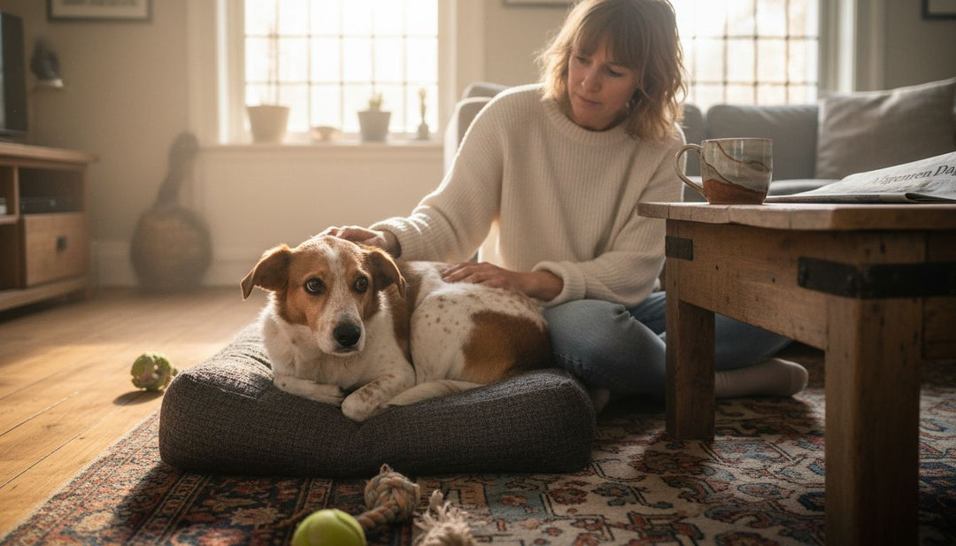 Anxious dog being comforted in home