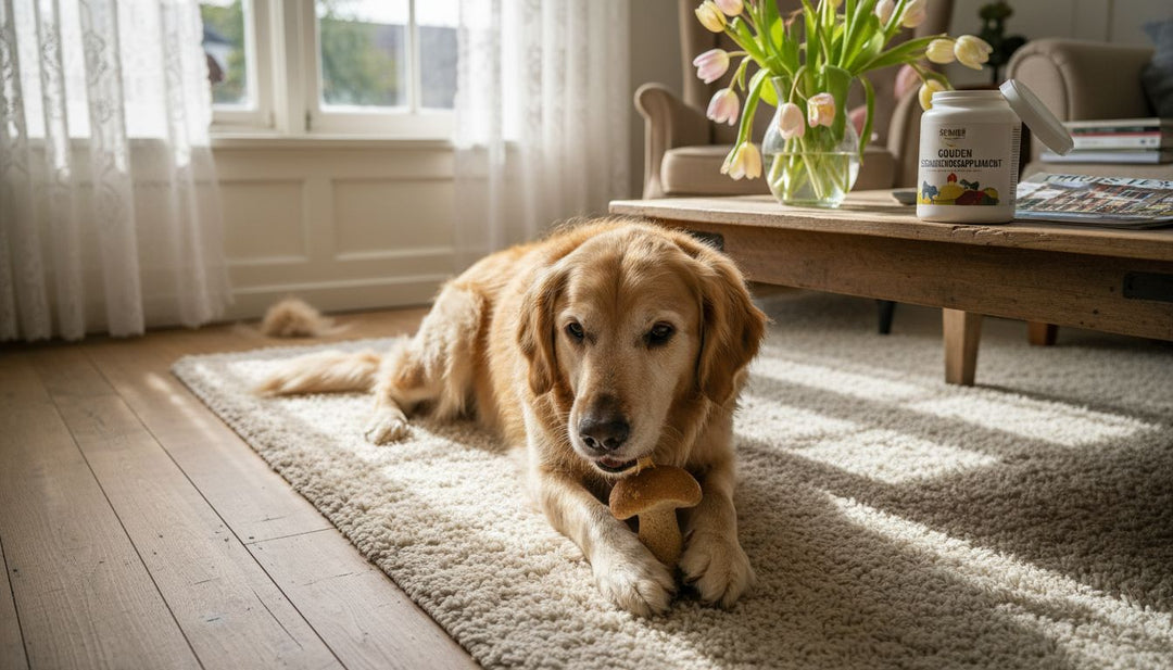 In de zonnige woonkamer krijgt de oude hond zijn dagelijkse supplement.