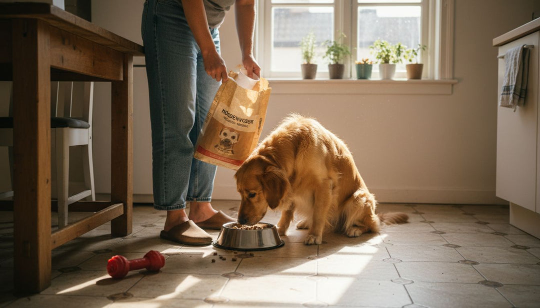 Een golden retriever smult van zijn hondenbrokken die op de keukenvloer liggen.