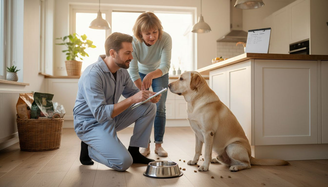Een dierenarts geeft voedingsadvies aan een hond terwijl ze samen in de keuken staan.