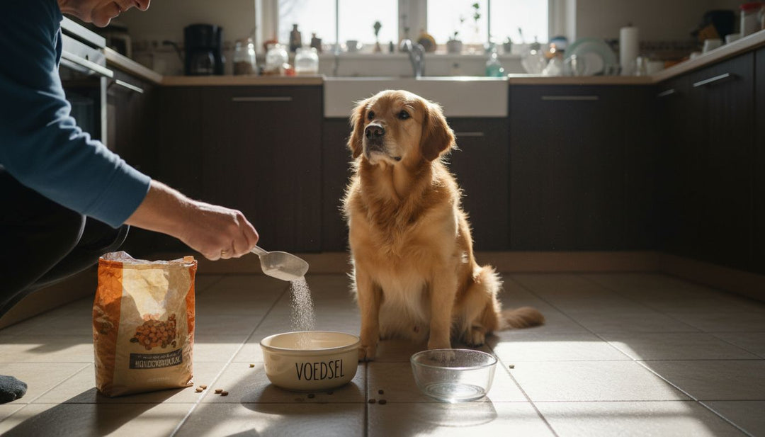 In het zachte ochtendlicht krijgt de hond zijn supplement in zijn voerbak.