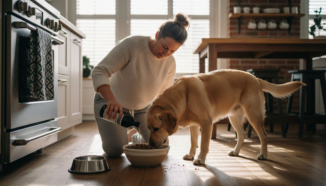 Een vrouw doet een scheutje zalmolie over het voer van haar hond.