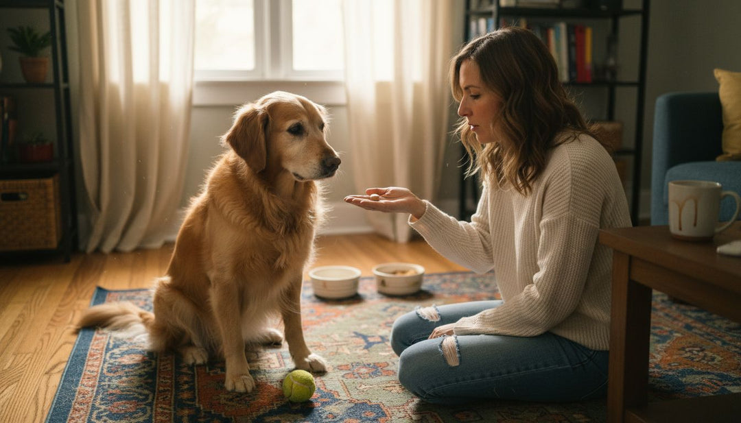 Een vrouw geeft haar golden retriever thuis een voedingssupplement.