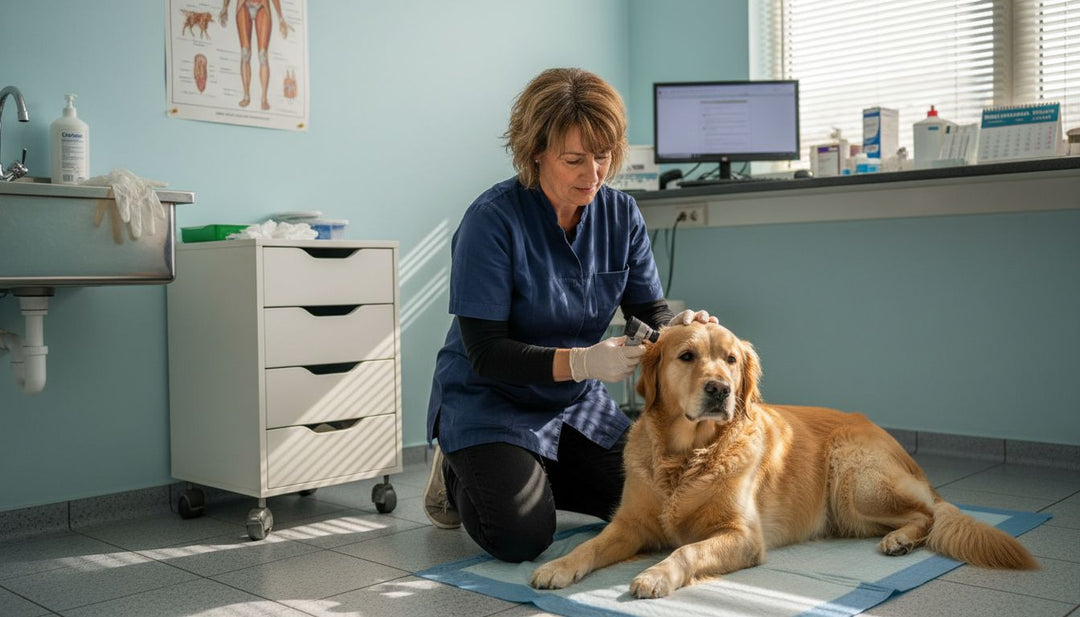 Tijdens de jaarlijkse check-up bekijkt de dierenarts de hond zorgvuldig om te zien of alles in orde is met zijn gezondheid.