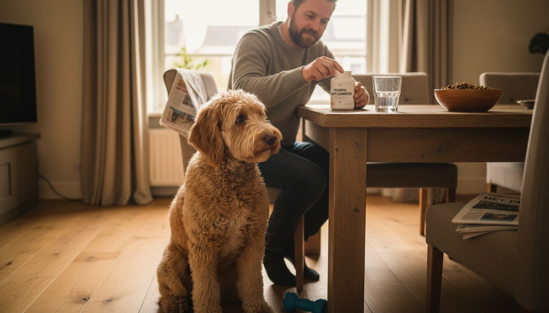 Een hond zit nieuwsgierig bij de eettafel waar allerlei voedingssupplementen op staan, midden in de woonkamer.