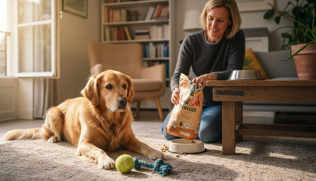 Baasje en hond maken samen een gezonde maaltijd boordevol vitamines klaar.