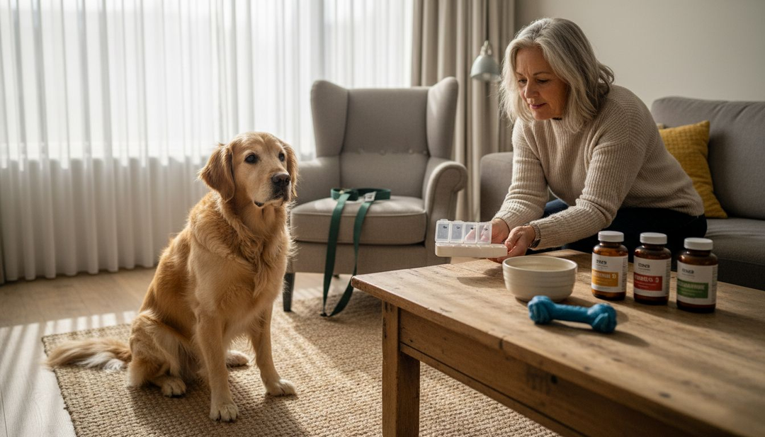 Een oudere golden retriever samen met zijn baasje die de dagelijkse voedingssupplementen klaarmaakt.