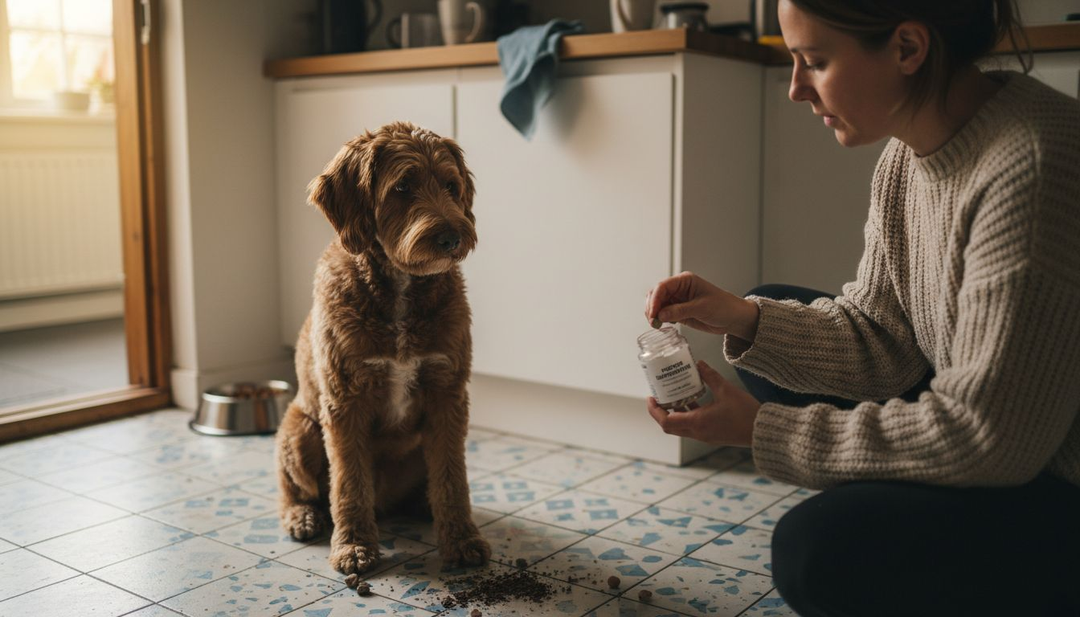 In de keuken krijgt de hond zijn dagelijkse tandverzorgingssupplement.