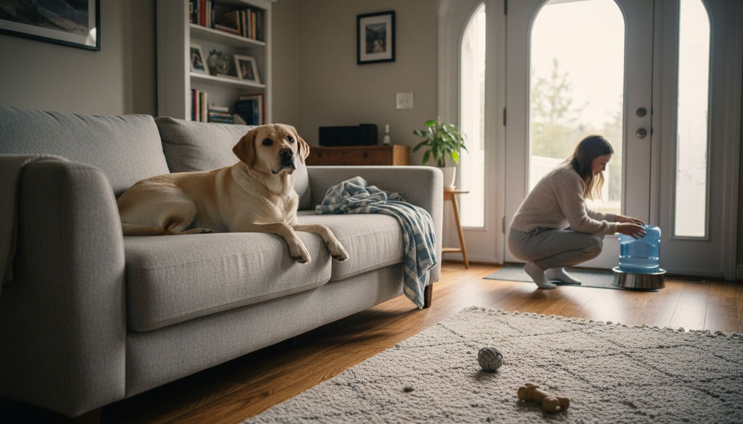 Een labrador ligt ontspannen op de bank in een gezellige woonkamer.