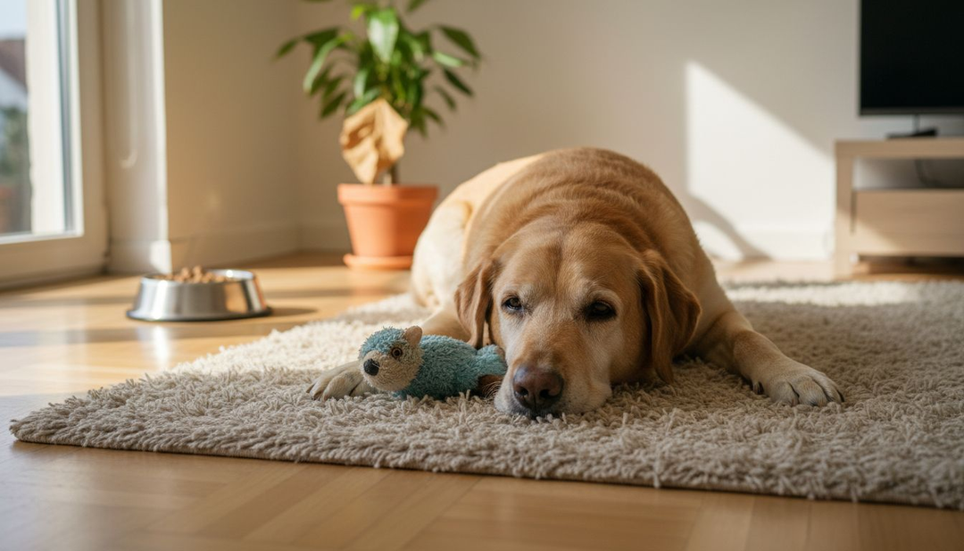 De oude hond ligt lekker te dutten op het vloerkleed in de woonkamer.