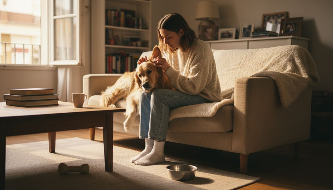 Een vrouw houdt haar hond thuis goed in de gaten om te letten op zijn gezondheid.