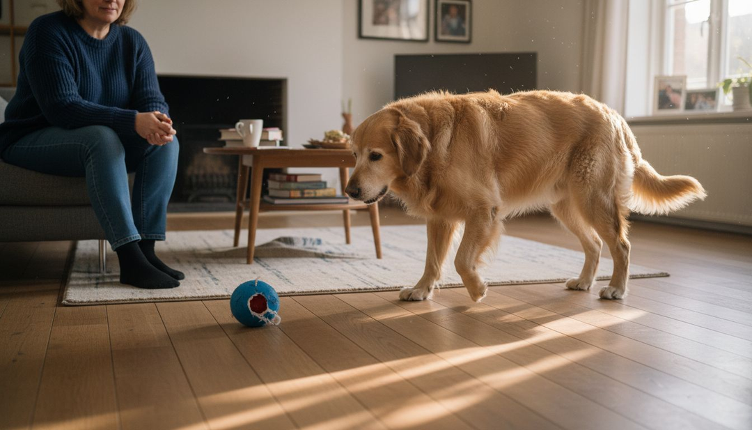 Een oudere hond loopt vaak wat voorzichtiger wanneer hij last heeft van zijn gewrichten.