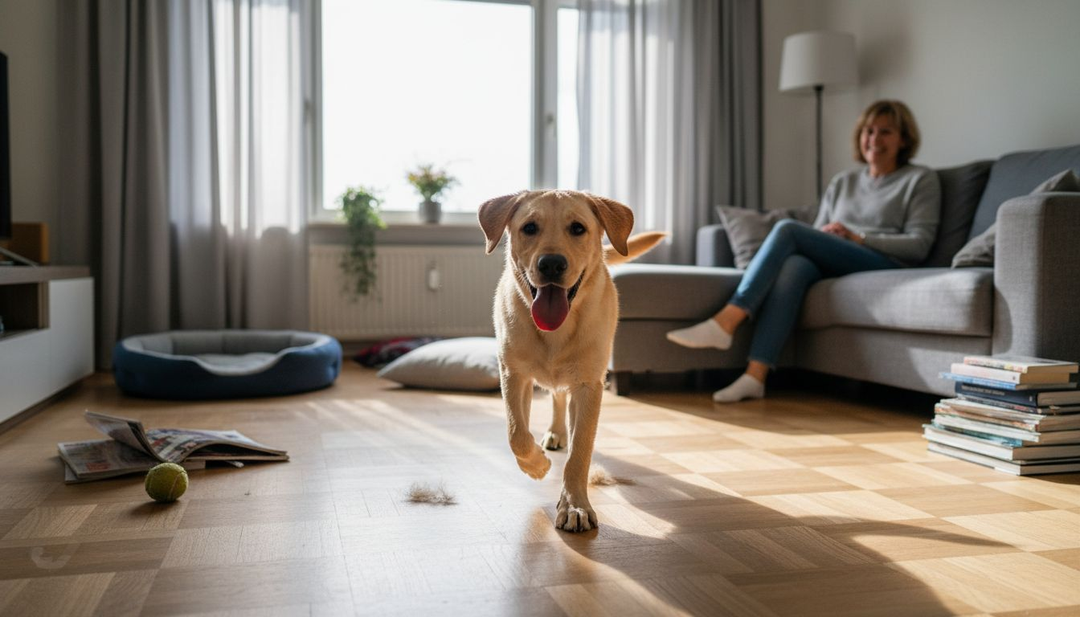 Een vrolijke hond sjeest door de zonnige woonkamer.