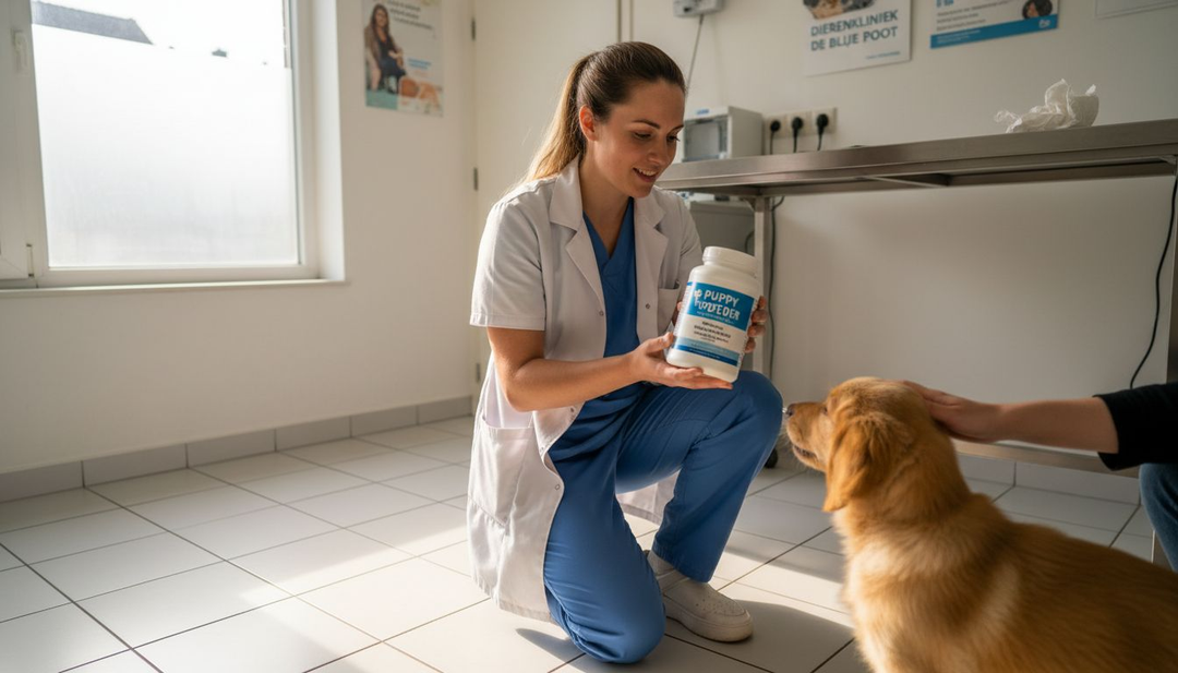 De dierenarts laat een supplement zien aan een vrolijke, speelse pup.