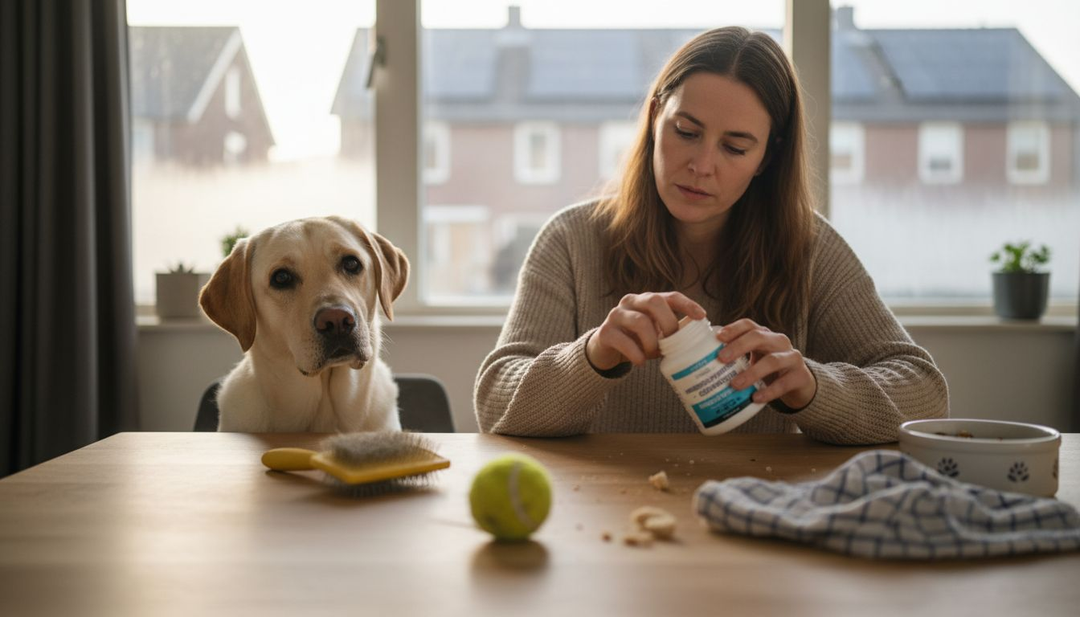 Aan de keukentafel geeft een vrouw haar hond wat extra voedingsstoffen.