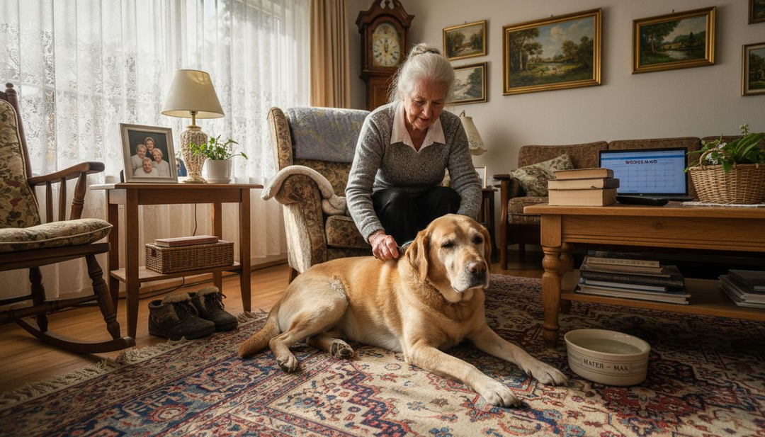 Een oudere dame is haar trouwe, grijze labrador aan het verzorgen in de woonkamer.