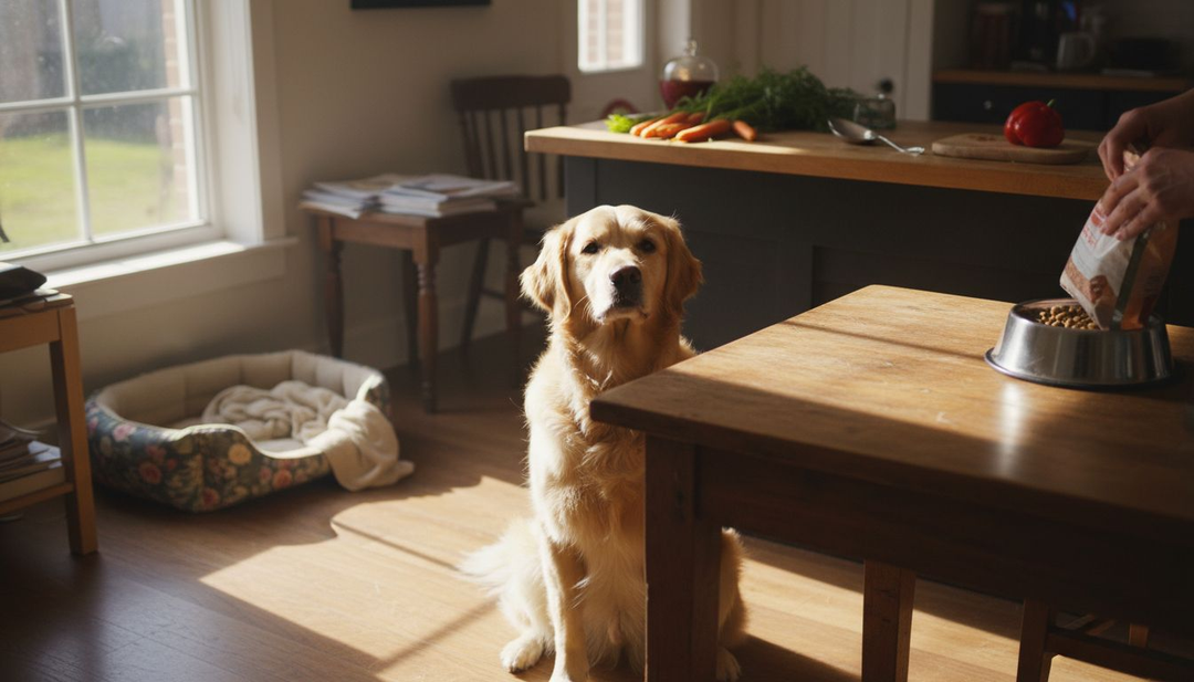 De golden retriever wordt thuis verwend met gezonde en voedzame maaltijden.