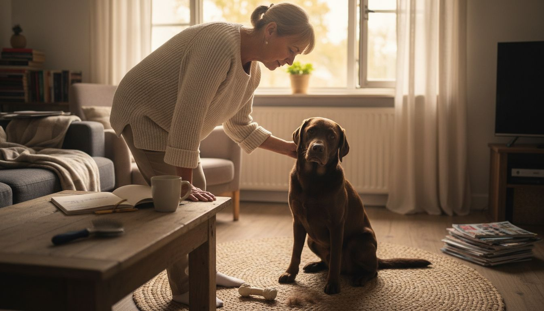 Een vrouw bekijkt haar labrador aandachtig in de woonkamer.