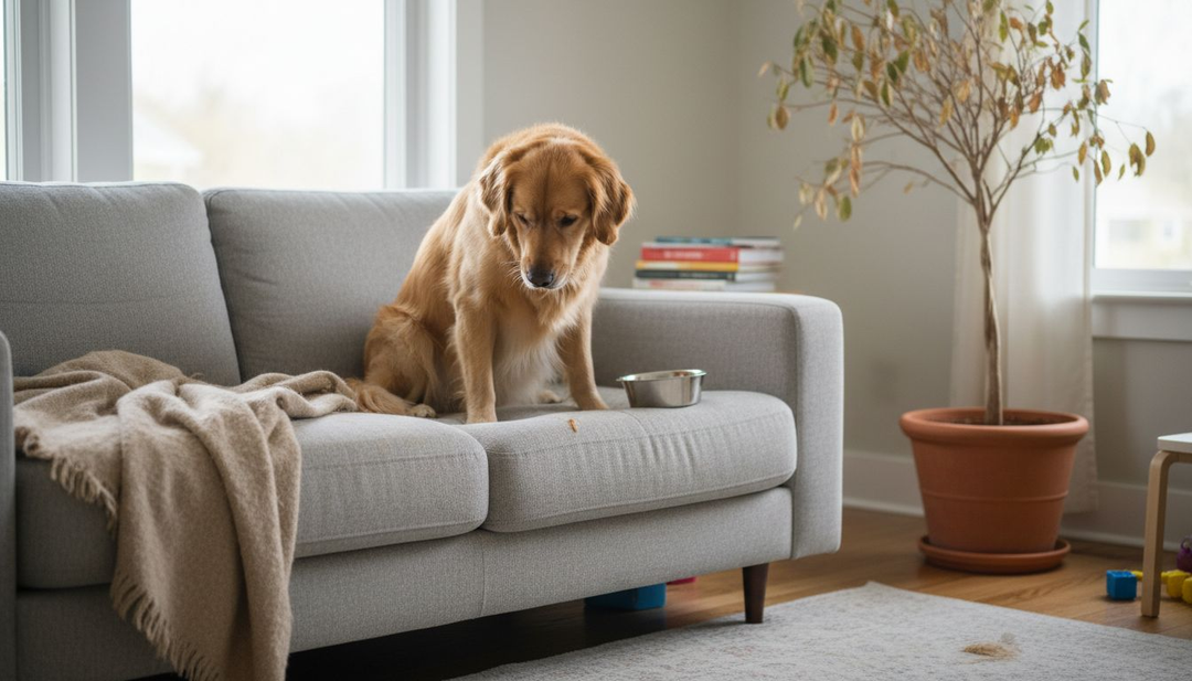 In de woonkamer snuffelt een nieuwsgierige golden retriever rond bij zijn voerbak.
