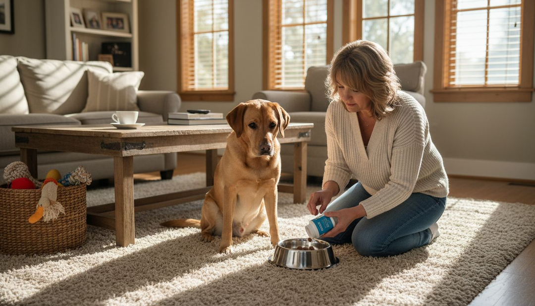 In de huiskamer krijgt de hond zijn dagelijkse supplementen toegediend.
