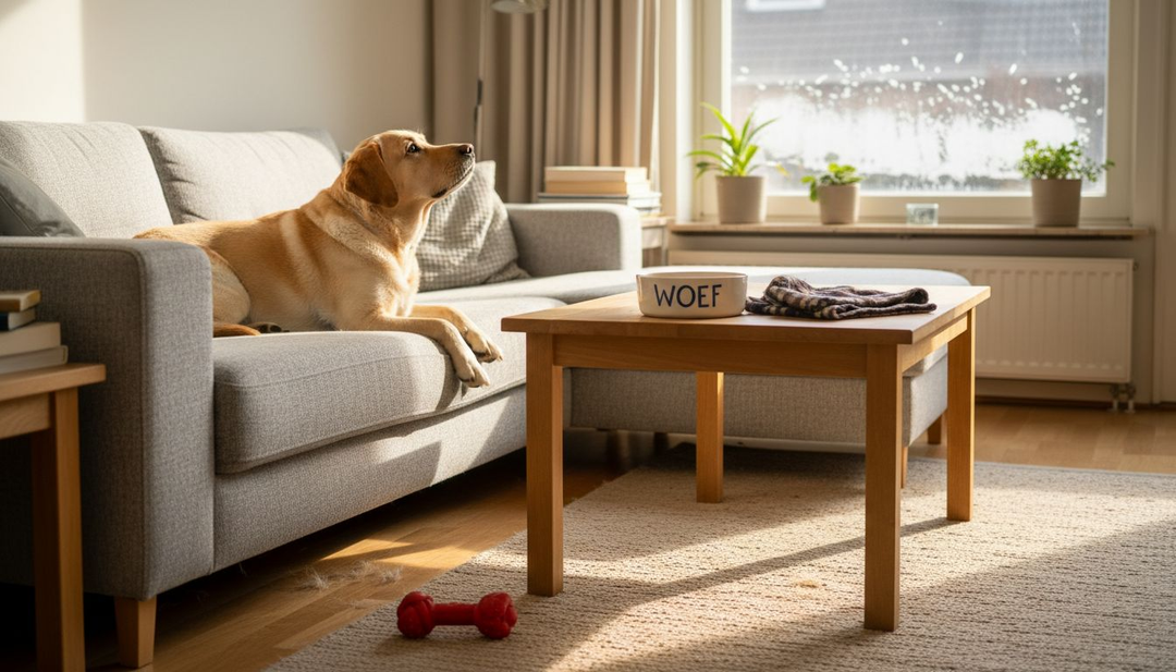 De hond ligt lekker te ontspannen op de bank, terwijl de zon de woonkamer verwarmt.