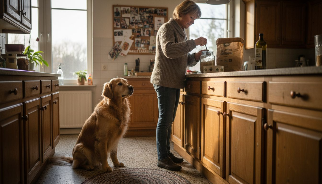In de warme keuken zit een oudere hond geduldig te wachten op zijn gezonde maaltijd.