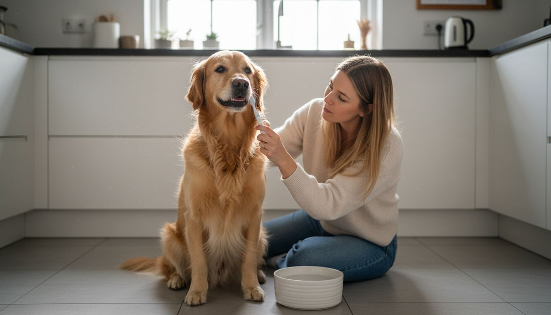 In de keuken geeft een vrouw haar golden retriever een grondige poetsbeurt aan zijn tanden.