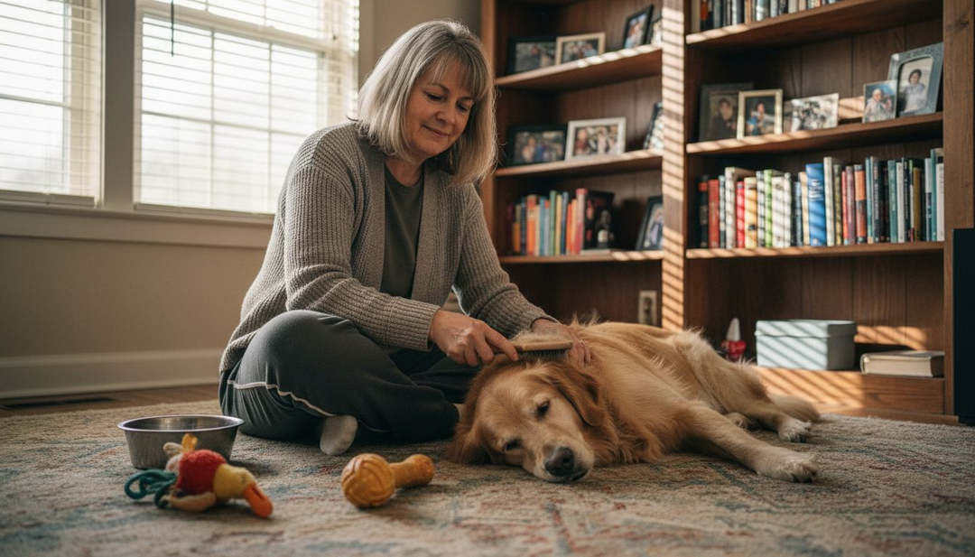In de woonkamer zit een vrouw rustig haar hond te borstelen.