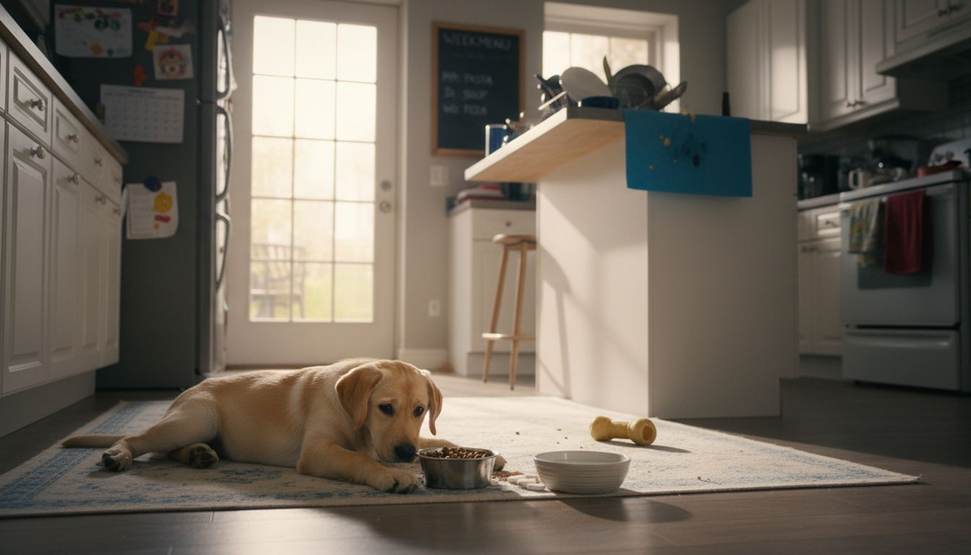 Nieuwsgierige pup snuffelt rond bij de voedingssupplementen in de keuken