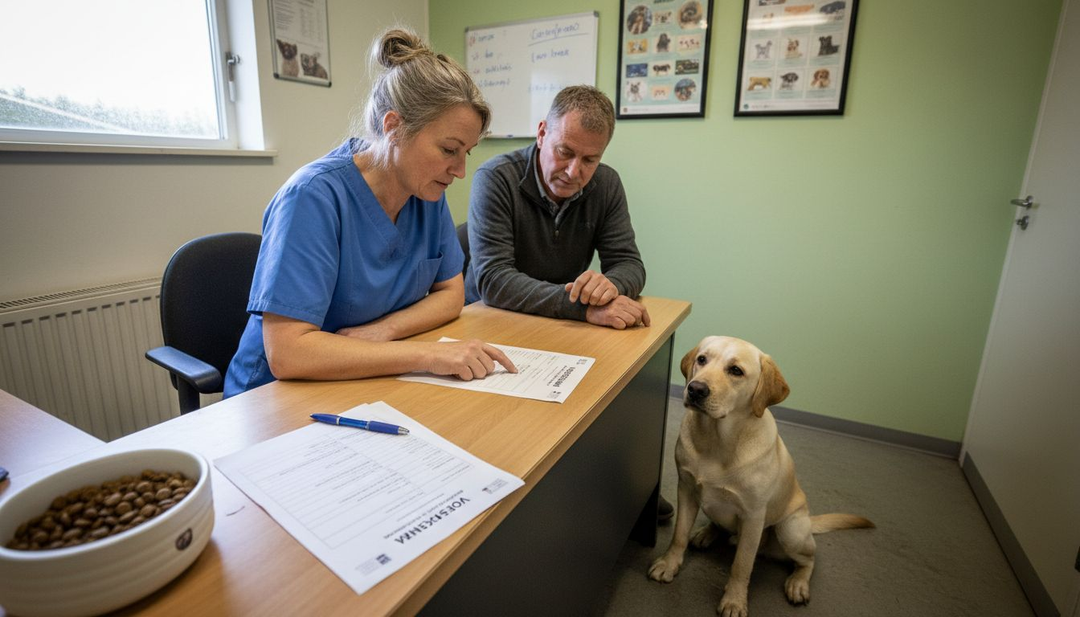 De dierenarts en de hondeneigenaar zitten samen om tafel om het voedingsplan voor de hond te bespreken.