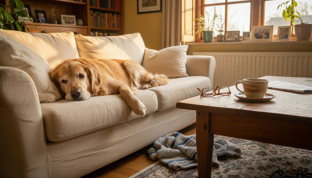 Een oudere hond ligt lekker te slapen op de bank in de zonovergoten woonkamer.