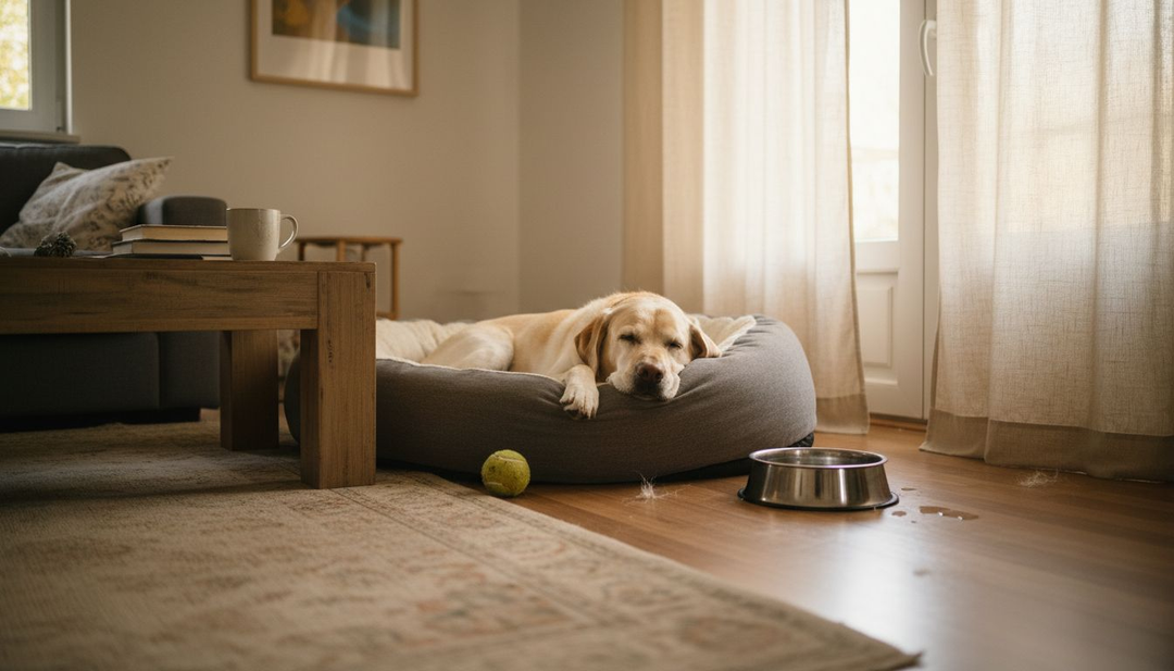 Een oudere hond ligt heerlijk te ontspannen in zijn zachte mand, gewoon lekker thuis.