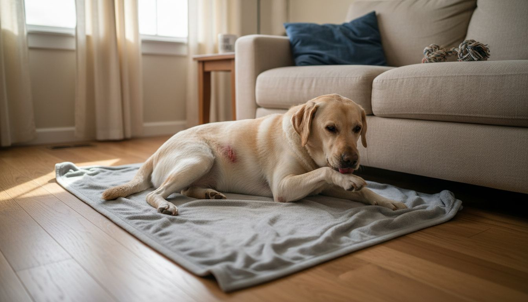 Een hond met huidproblemen ligt ontspannen in de woonkamer.