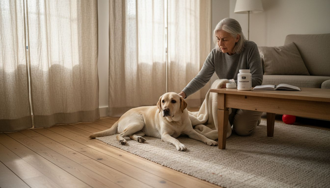 Vrouw ondersteunt haar hond met extra zorg voor gezonde gewrichten
