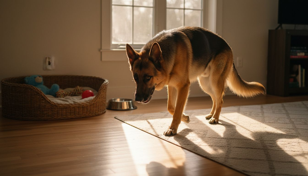 De hond loopt rustig door de woonkamer en let goed op zijn gewrichten.