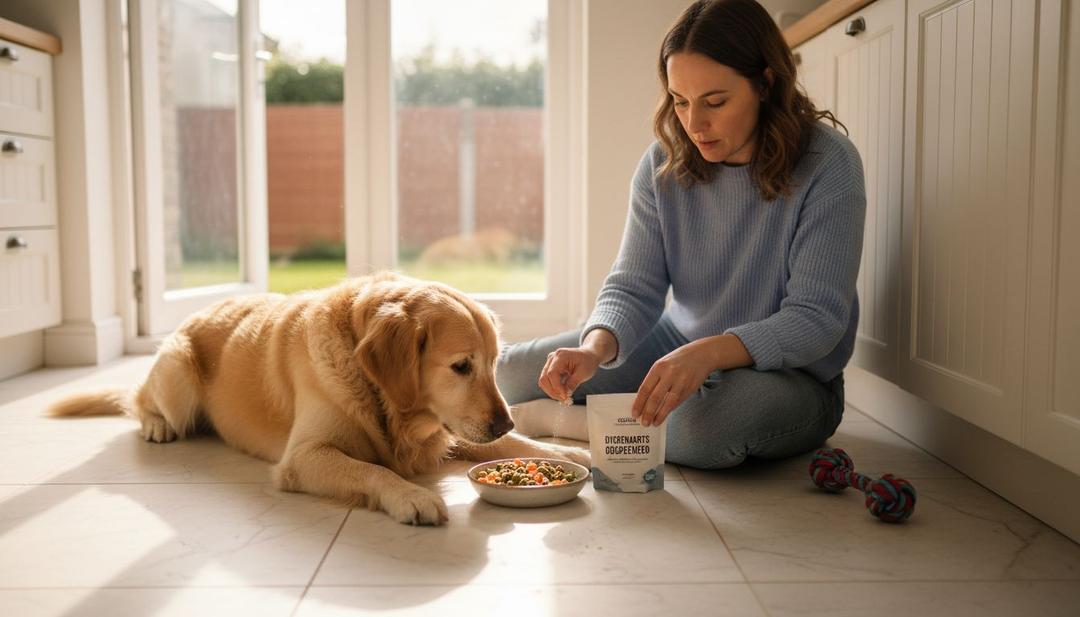 In de gezellige keuken geeft een vrouw haar hond een voedingssupplement.