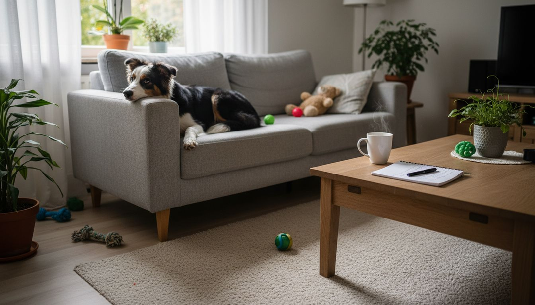 Een nerveuze hond zit op de bank in de woonkamer, duidelijk wat onrustig.