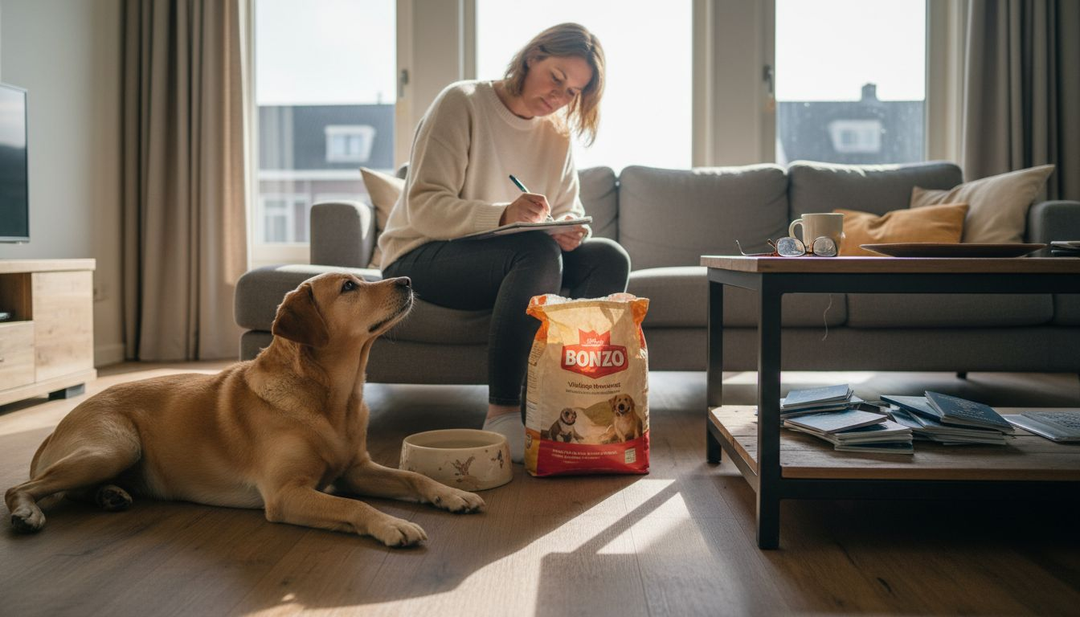 Vrouw houdt haar eetdagboek bij terwijl haar hond gezellig naast haar zit