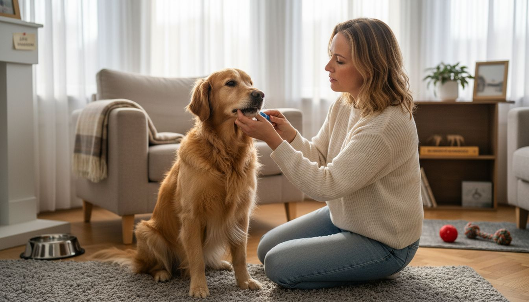 Een vrouw poetst de tanden van haar golden retriever in de woonkamer.