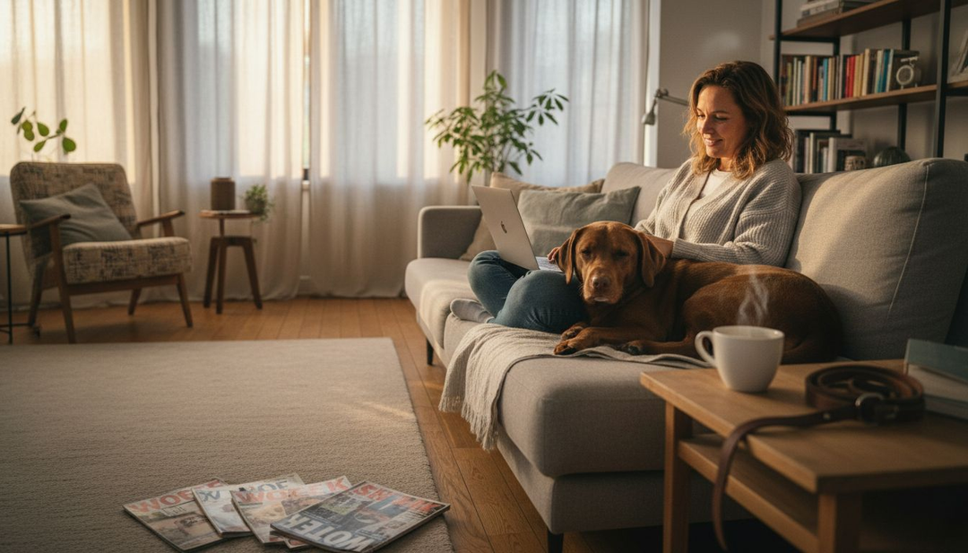 Een vrouw bekijkt ervaringen van andere hondenbezitters met voedingssupplementen voor honden.