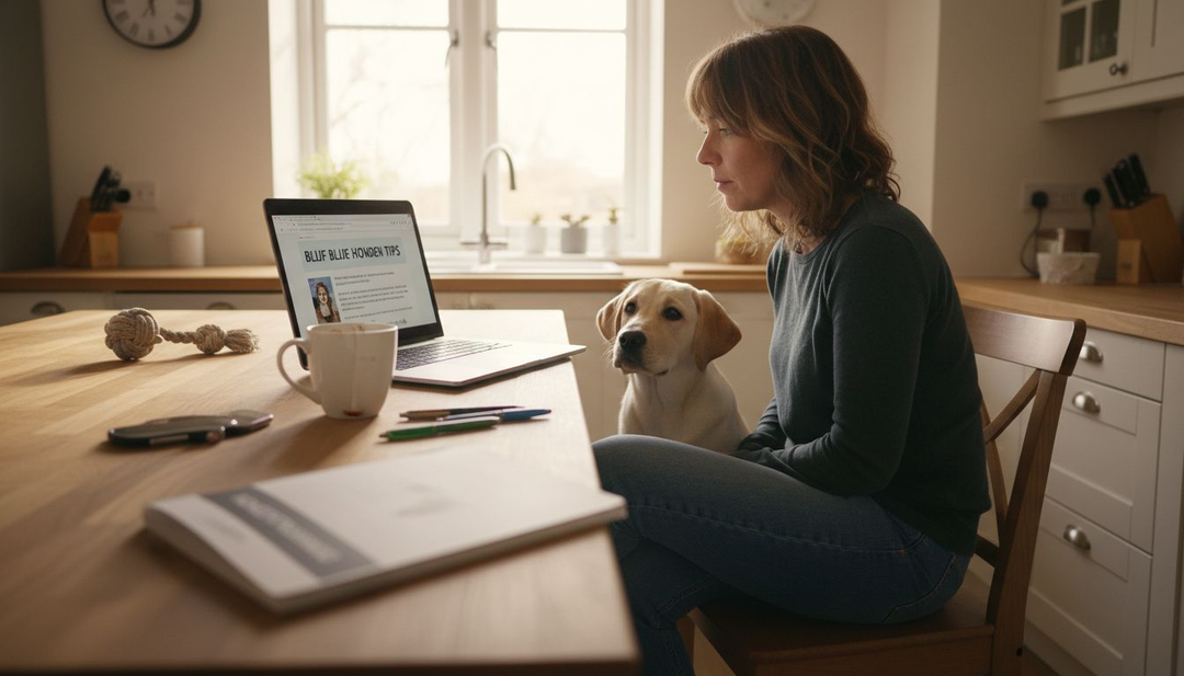Een vrouw zit samen met haar hond een blog over hondentips te lezen.