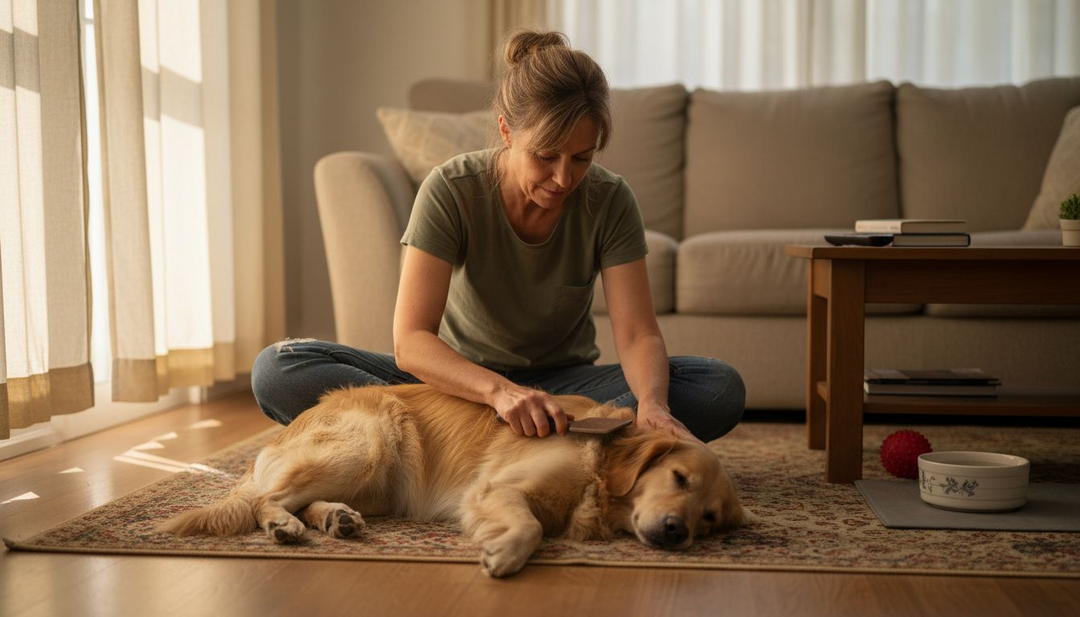 Een baasje dat zijn vrolijke hond thuis lekker aan het borstelen is.