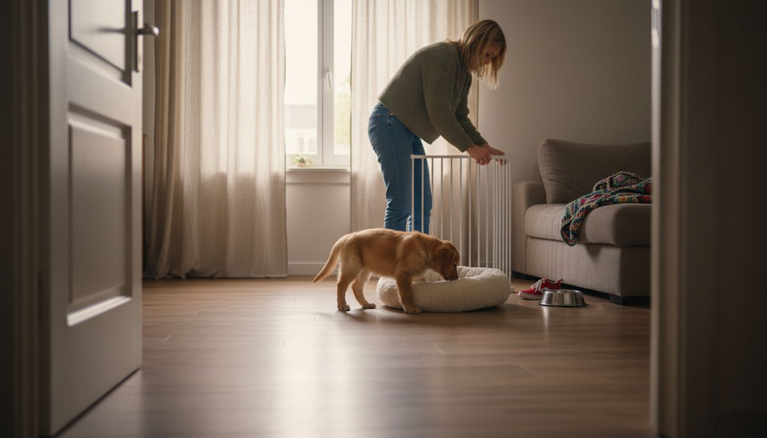 Nieuwsgierige pup ontdekt zijn eigen plekje in de woonkamer