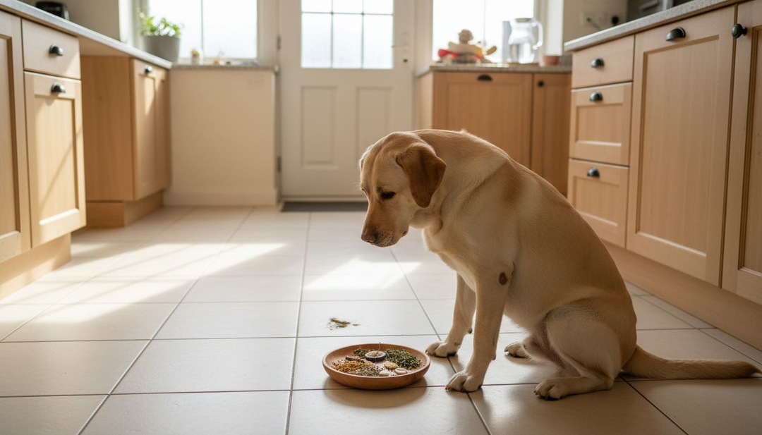 Onze hond zit nieuwsgierig met zijn neus tussen de kruiden op de keukenvloer te snuffelen.