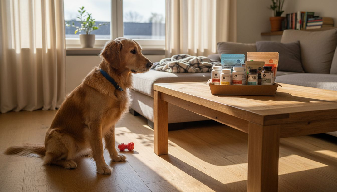 Een hond zit thuis nieuwsgierig naast een stapel voedingssupplementen.